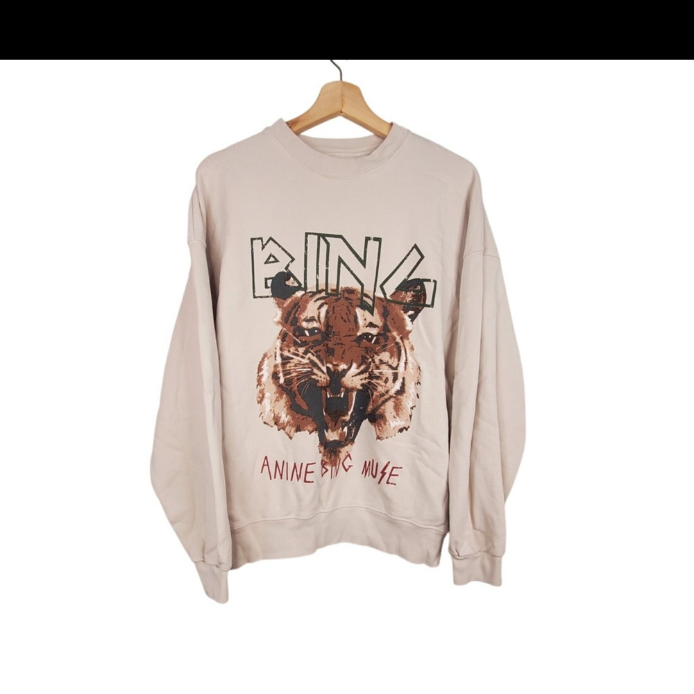 Anine Bing Muse Tiger Graphic Sweatshirt Stone 100% Organic Cotton Size Large
